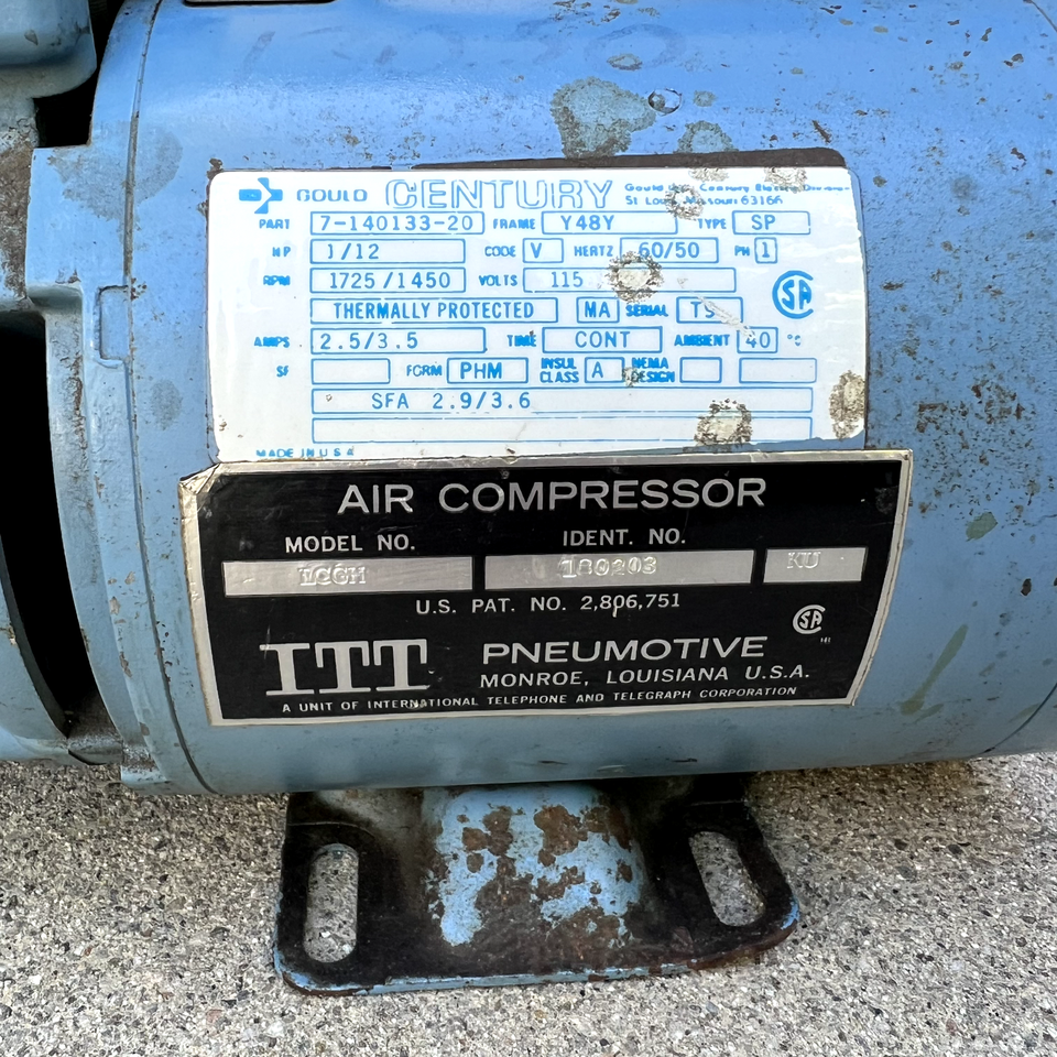 ITT Pneumotive OilLess Piston Air Compressor Vacuum Pump 1/2 HP 3.5A