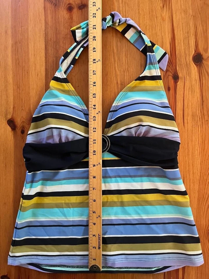 Traje de baño estilo halter talla 8 Croft & Barrow azul dorado blanco negro rayas Foto 3 de 4