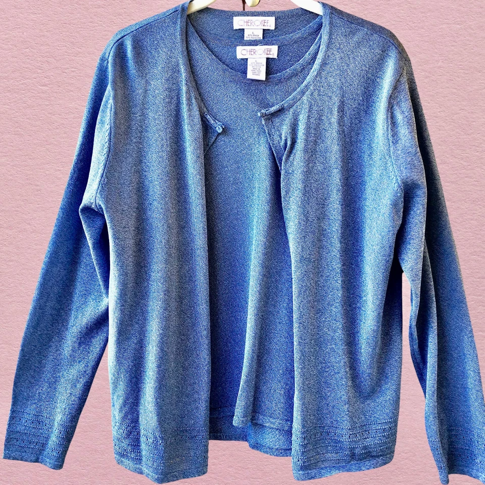 Cherokee Blue Cardigan Sweater & Tank Top Twin Set Womens Large Vtg Hong Kong - Image 4 of 4