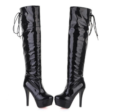 Women Over The Knee High Boots Lace Nightclub New Patent Leather Shoes Platform