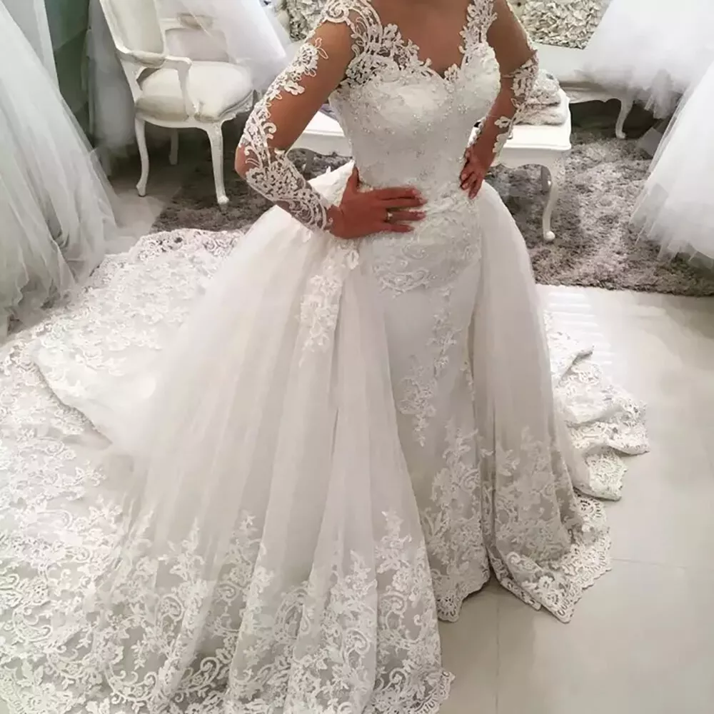 White Wedding Dresses Detachable Train Lace Appliques Long Sleeves Bridal Gowns