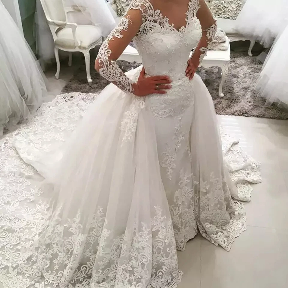 White Wedding Dresses Detachable Train V Neck Long Sleeves Bridal Ball Gowns - Image 2 of 4