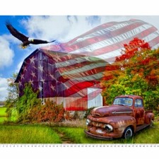 35" Digital Fabric Panel - David Textiles Land of Liberty Eagle Flag Barn Scene