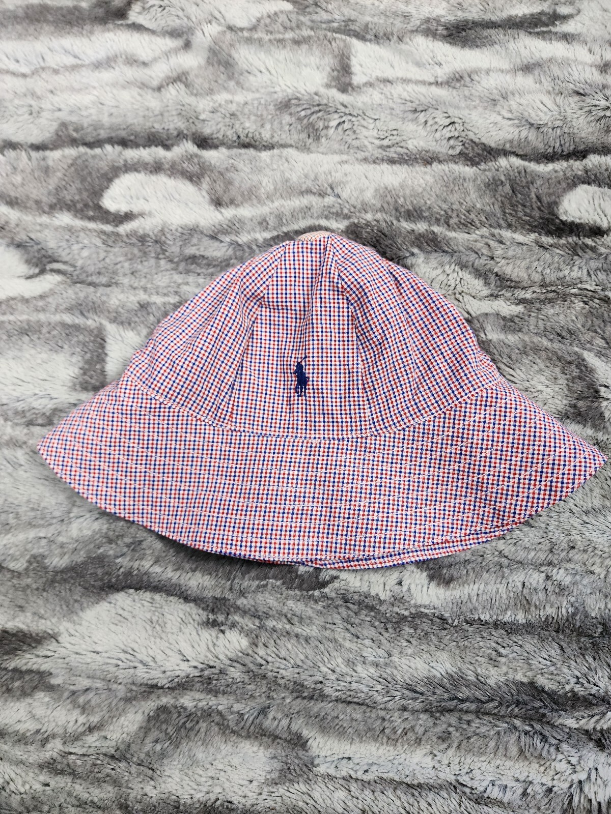 Cappello a secchio da spiaggia Ralph Lauren blu etichetta rosso micro scacchi taglia S nero pony