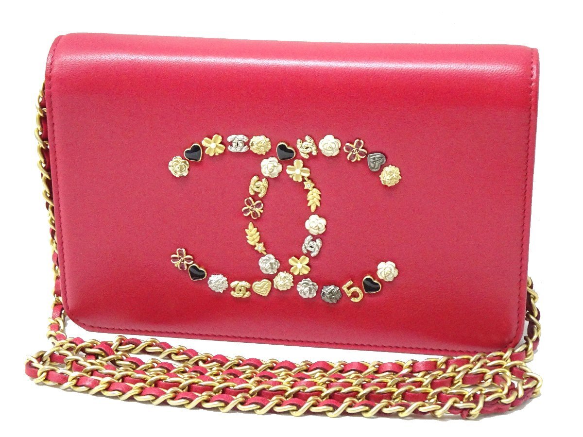 ●Chanel Coco Mark Chain Shoulder Wallet Flap Red Flower Leather 30Number Seal