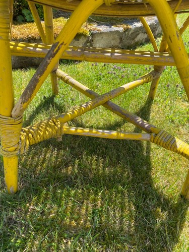 Vintage Canary Yellow Wicker Chair Armchair Reading Bamboo Wicker Rustic Boho - Picture 12 of 18