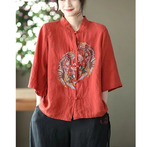Chinese style cotton linen shirt embroidered top women's stand up collar party- - Bild 7 von 22