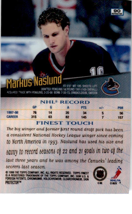 1998-99 Topps Finest Refractor #90 Markus Naslund Vancouver Canucks - Image 2 of 2