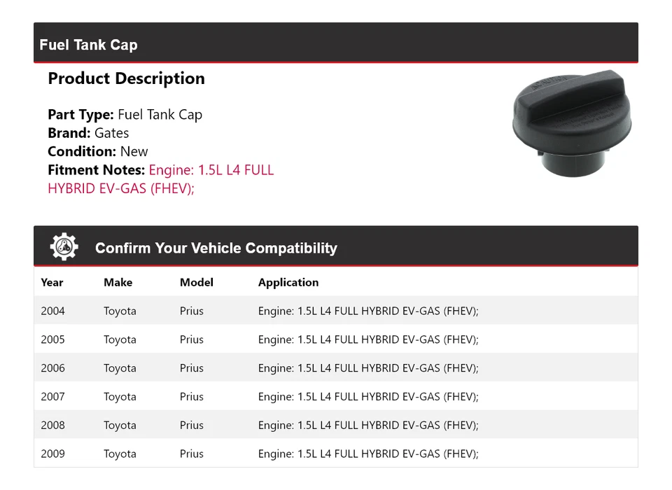 Puertas de tapa de tanque de combustible híbrido completo EV-GAS (FHEV) para Toyota Prius 2004-2009 1,5 L L4 Foto 2 de 4