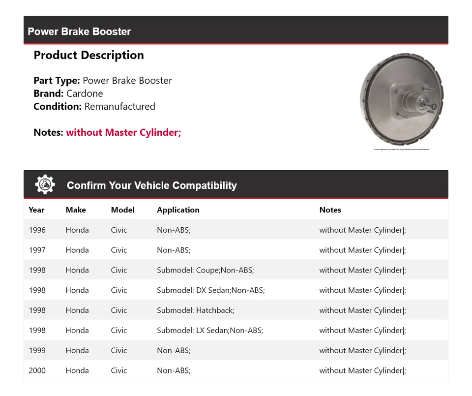 Para Honda Civic 1996-2000 Power Brake Booster Cardone 1997 1998 1999 Foto 2 de 4