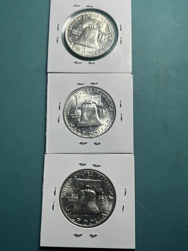 3 BU Uncirculated Franklin Silver Halves - 1954 1955 1957 Half Dollar 90% Silver