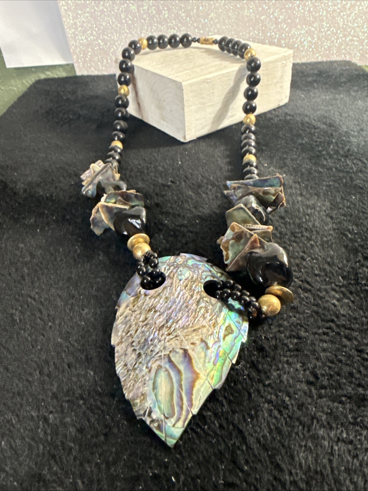 Vintage Abalone Shell Leaf Shaped Statement Neckl… - image 2