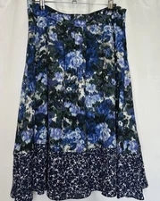 Adrianna Papell Floral Pleated  A-Line Skirt Sz 12 Blue Pockets Lined Side Zip