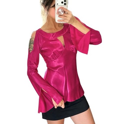 Cache Womens Fuchsia Pink Satin Cold Shoulder Bell Sleeve Cutout Blouse Size 6