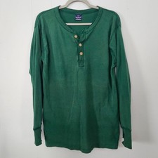 Duofold Henley Shirt Mens Large Green Vintage Long Sleeve Ribbed Made in USA