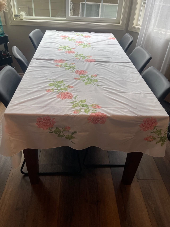 Vintage Tablecloth & 10 Napkins Pink & Green Rose Cross Stitched Rectangle 84X57 - Image 4 of 4