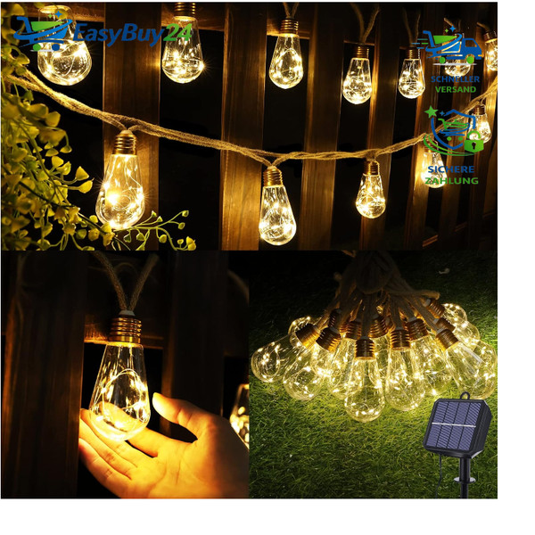 Solar Lichterkette AußEn 6,4M 16 GlüHbirnen Warmweiß Wetterfest Vintage Deko-image