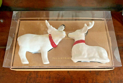 NEW 2 PCS Pottery Barn Ceramic Stag Salt + Pepper Set | Reindeer White Christmas