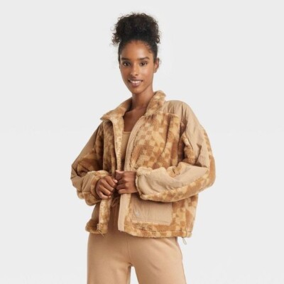 Women's - L - JoyLab Printed High Pile Fleece Jacket -  Beige NWT