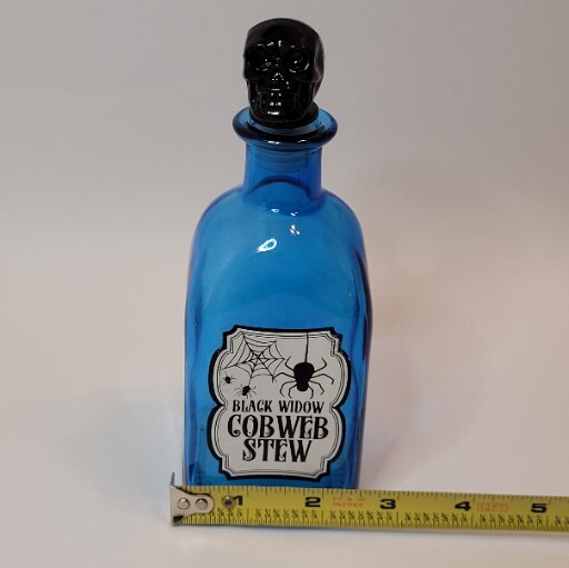 Halloween Blue Glass Bottle Black Skull Stopper "Cob Web Stew" Spider Webs 7"