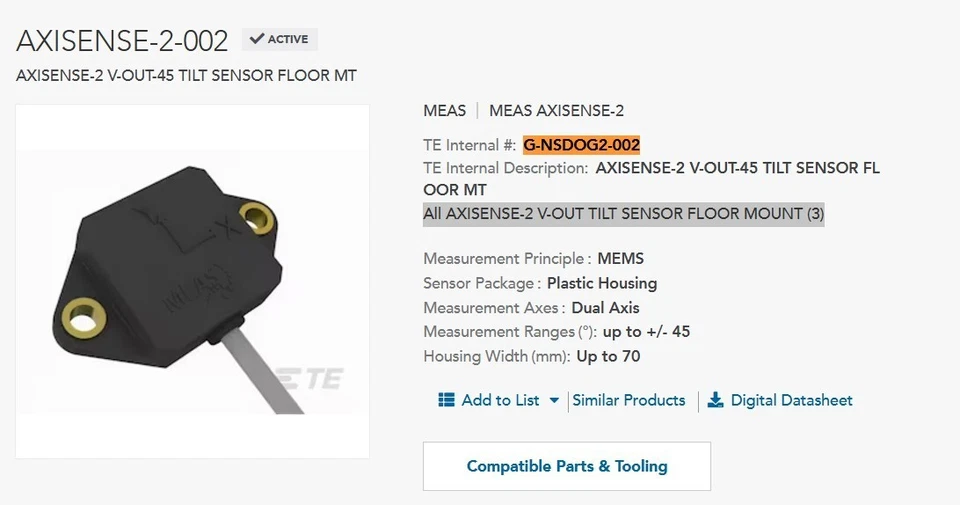 TE CONNECTIVITY All AXISENSE-2 V-OUT TILT SENSOR FLOOR MOUNT (3) G-NSDOG2-002 Dual Axis TE CONN