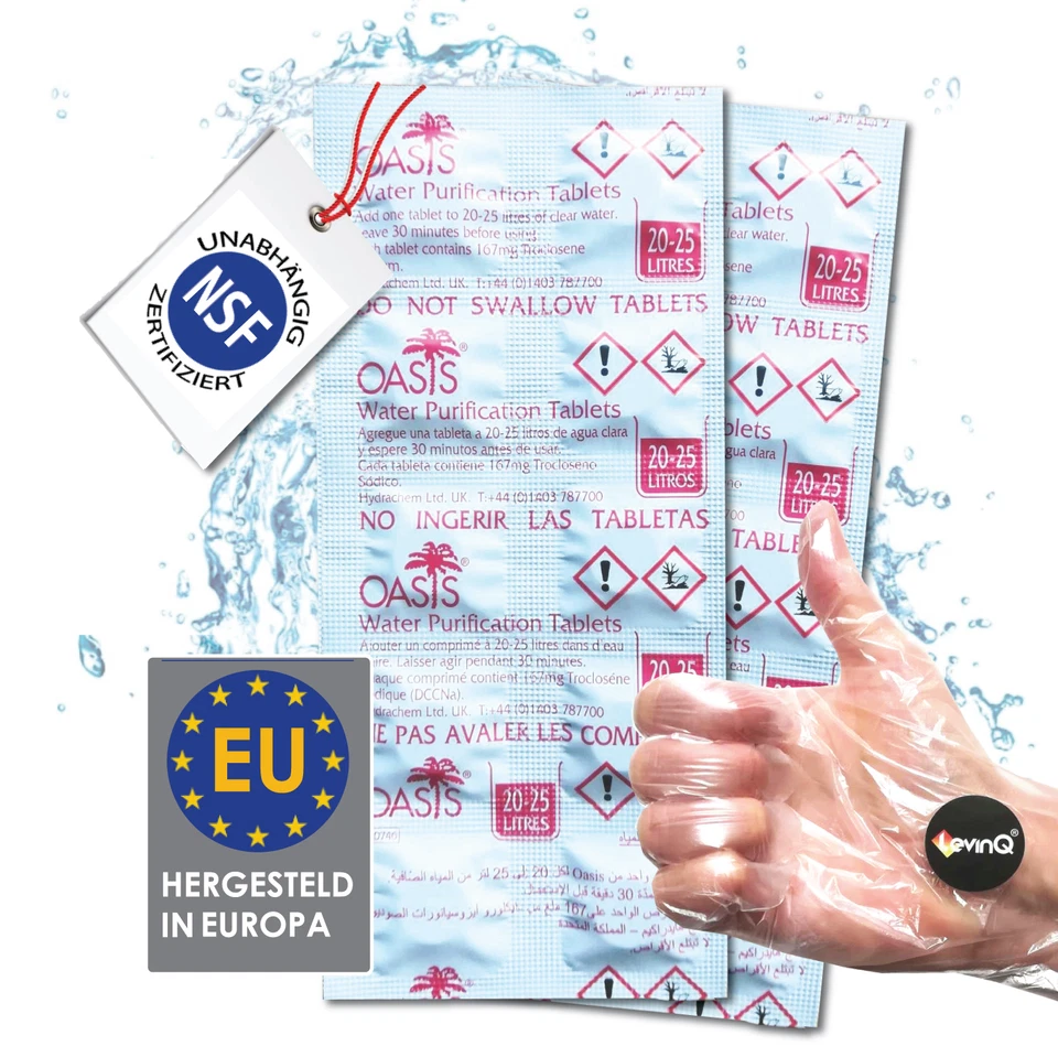 OASIS LevinQ Wasserreinigungstabletten [20Stk] *NSFgeprüft* 100%keimfreies Trinkwasser