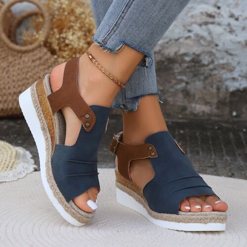Women Open Toe Buckle Strap Slingback Peep Toe Sandals Vacation Wedge Heel Shoes - Picture 1 of 18