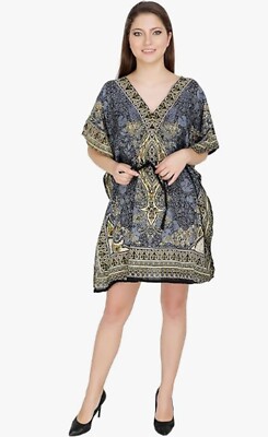 Short Kaftan Beach Gray Womens Dress Dashiki Print Night-Gown Beach Caftan L-34''