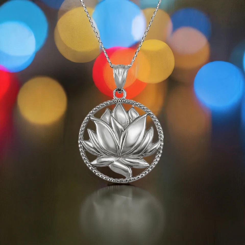 Gold Lotus Flower in Circle Yoga Pendant Necklace | 10k 14k Yellow White Rose - Image 2 of 4