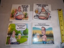 Set of 4 Handmade Ceramic Tile Coasters Funny Cartoons Saying