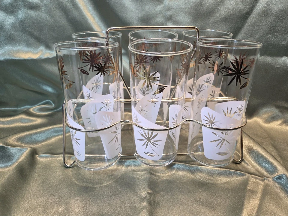 MCM Bartlett-Collins Capri Tumblers w/ Caddy.  Atomic Starburst Pattern Set of 6 - Image 4 of 4