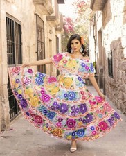 Chiapaneco Wedding Quinceanera Ruedo Sencillo Floral Yarn Dress Made In MEXICO
