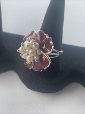 Vintage Sterling Silver 925 Floral Ring Pearl Cluster Signed Thailand Size 8.75