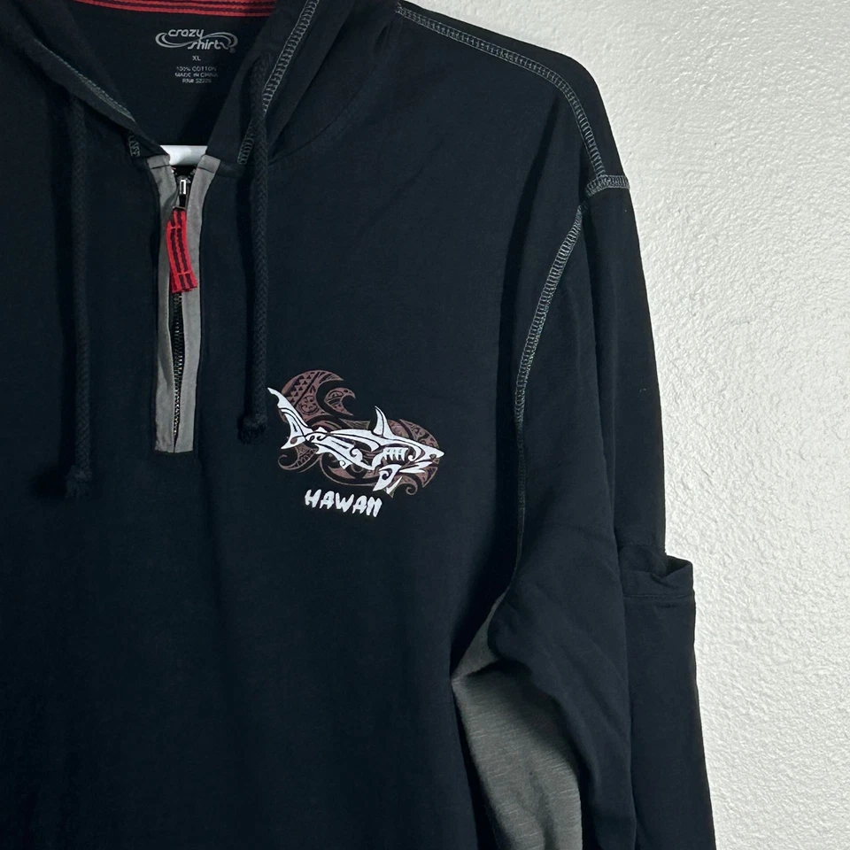 Crazy Shirt Hoodie Mens XL Half Zip Pullover Hooded Shark Hawaii Black Gray - Image 3 of 4