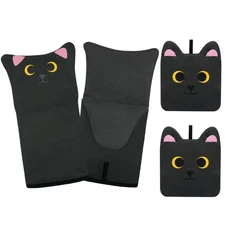 Oven Mitts, Cute Black Cat Silicone Oven Mitts and Pot Holders Sets, Funny Co...