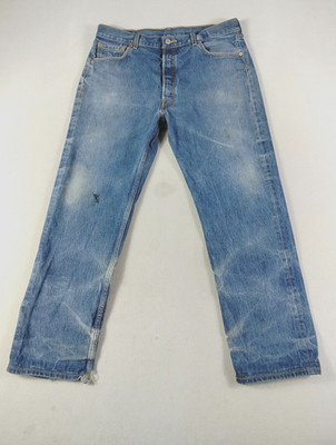 Levis 501 Jeans Mens 38 Blue Denim Medium Wash Straight Leg Distressed Raw Hem