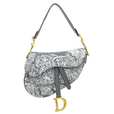 Auth Christian Dior Saddle Bag Shoulder Bag Grey/Off White Canvas - e60536a