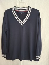 Tommy Hilfiger Navy V-Neck Pullover Sweater S/P Striped Trim Long Sleeve Women