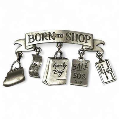 VTG Vintage JJ Jonette 80s Silver Born to Shop 5 Charm Brooch Gift Fashionista