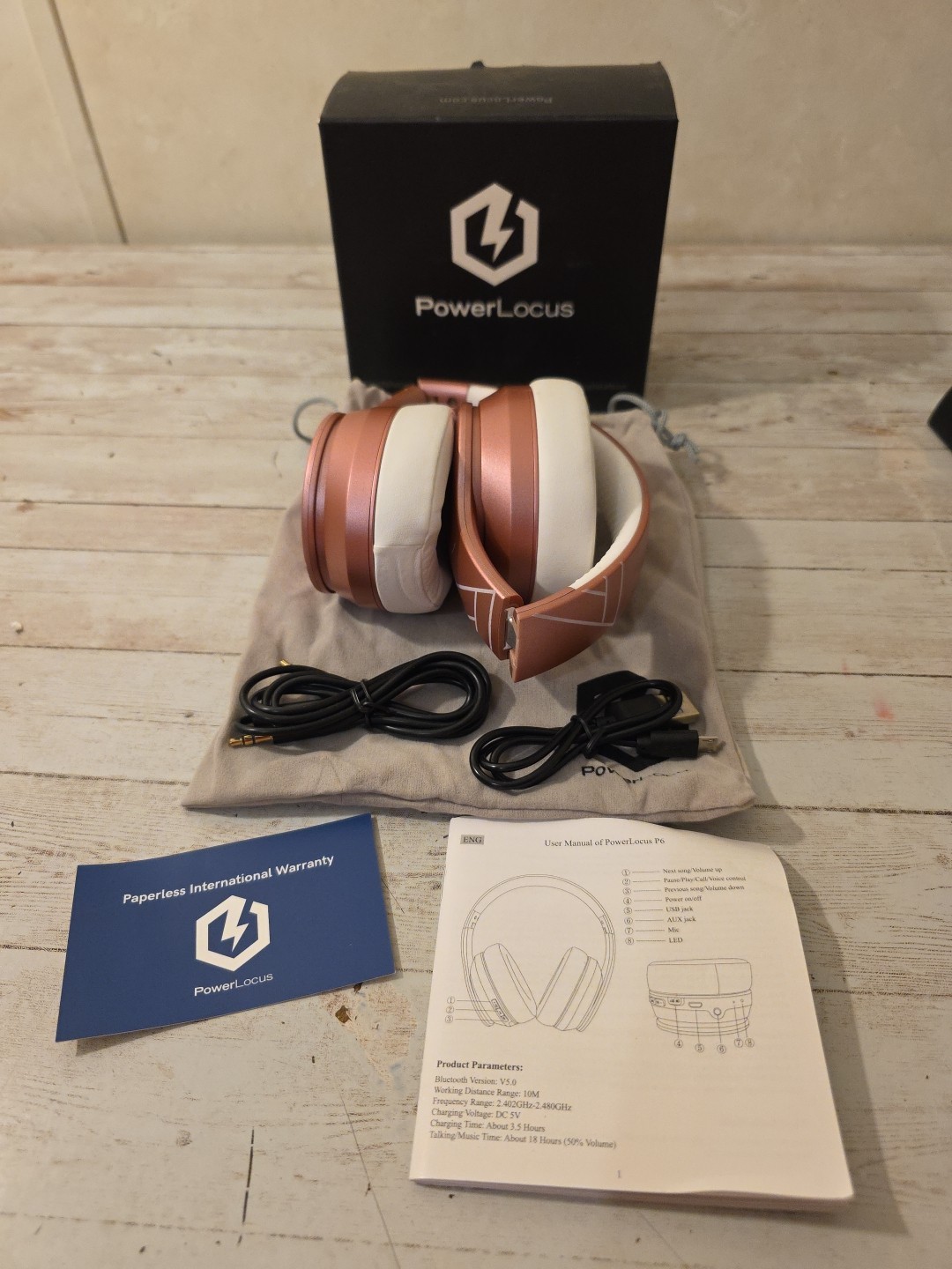 Rose Gold PowerLocus P6 Bluetooth Headphones Over Ear Wireless Headphone Folding