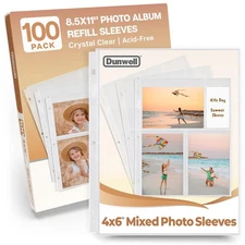Dunwell Photo Sleeves for 3-Ring Binder 4x6 Mixed Format 100 Pack for 600 Pi