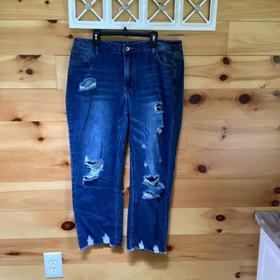 Flamingals Distressed Straight Leg Jeans Medium Wash Frayed Hem XL