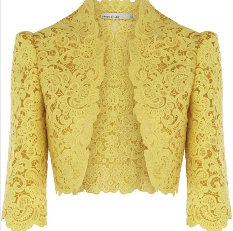 Karen Millen Lace Bolero Jacket Yellow US S 6 EU 38 3/4 Sleeve Collarless Short