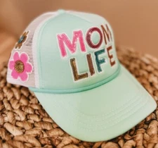 New SIMPLY SOUTHERN Sequin Letter MOM LIFE Trucker Cap Hat Mesh Back Minty Green
