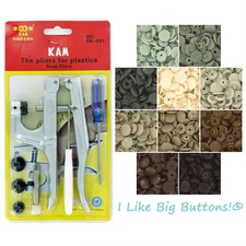 KAM Snaps Kit/Pliers/Awl 250 EARTH TONES Size 20/T5 Plastic Snaps No Sew Buttons