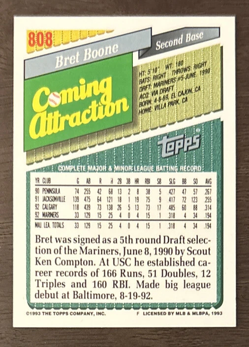1993 Topps Bret Boone Coming Attraction Rookie Card (RC) #808 Mariners 2B EX O/C - Image 2 of 2