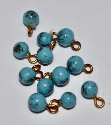 VINTAGE 12  TINY DOLL BUTTONS * BEADS * BALLS   5-6mm TURQUOISE MATRIX GLASS