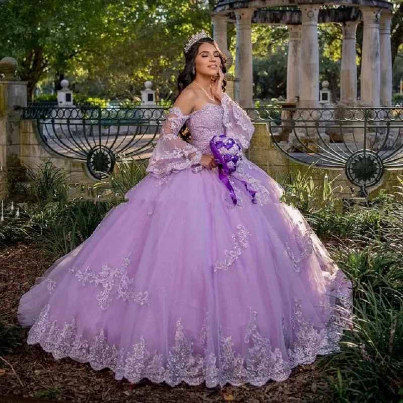 Purple Quinceanera Dresses Ball Gown Sweet 16 3/4 Sleeves Lace