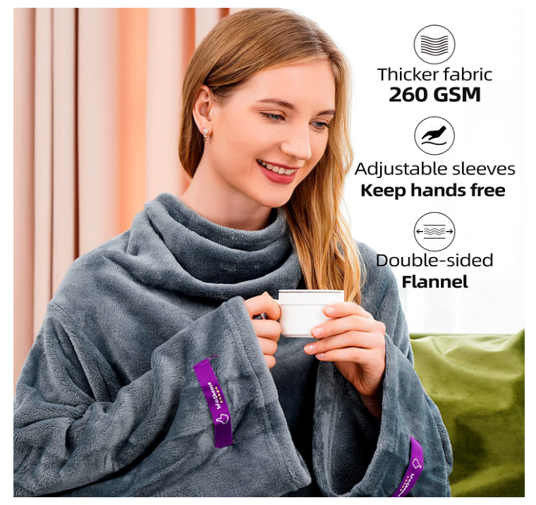Winthome Wearable Fleece Blanket with Sleeves Soft & Warm 140x200cm