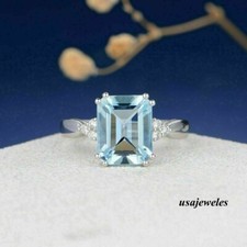 2.41CT Emerald Cut Real Aquamarine 14K White Gold Finish Engagement Jewelry Ring
